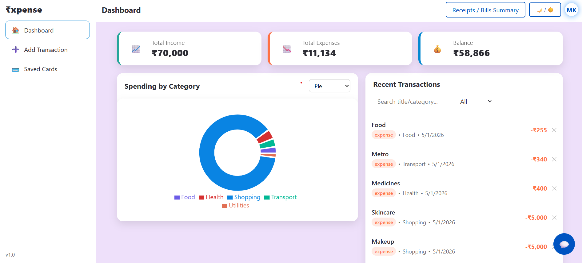 XPENSE dashboard showing category navigation sidebar and monthly spending chart in a personal finance tracker interface